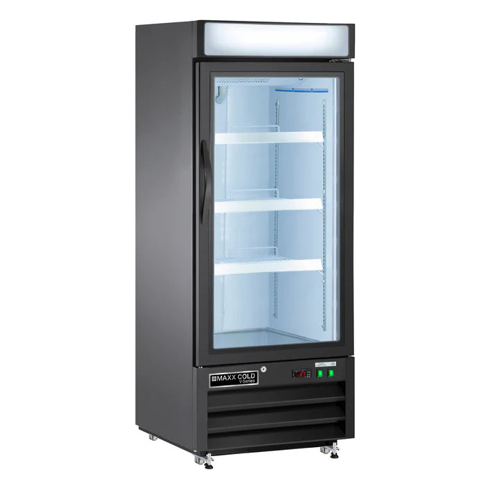 Congelador expositor con puerta de vidrio simple Maxx Cold V-Series, 25" de ancho, capacidad de almacenamiento de 12 pies cúbicos, en color negro (MVMF12B)