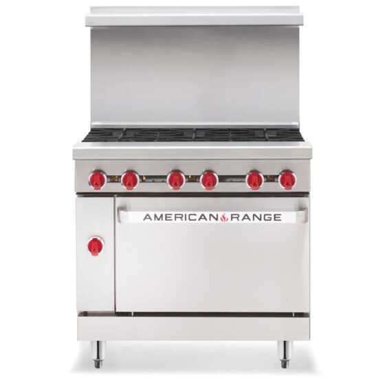 Cocina comercial a gas natural American Range AR-6-NG de 36" con 6 quemadores y horno estándar - 227 000 BTU