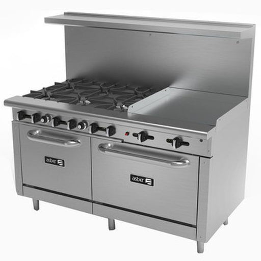 Asber AEMR-2-G24-B6-60-H NG 60" 6 Burner Natural Gas Restaurant Range with Double Oven and 24" Griddle - 288,000 BTU - Top Restaurant Supplies