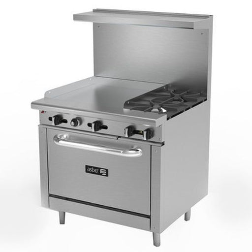 Asber AEMR-G24-B2-36-H-NG 36" 2 Burner Natural Gas Restaurant Range with Oven and 24" Griddle - 138,000 BTU - Top Restaurant Supplies