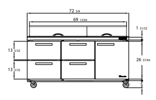Blue Air BLMT72-D4LM-HC 4 Drawer 1 Door (R) Mega Top Sandwich Prep Table with Thirty 1/6" Pans, 72" wide, 20 Cu. Ft., R-290 Refrigerant - Top Restaurant Supplies
