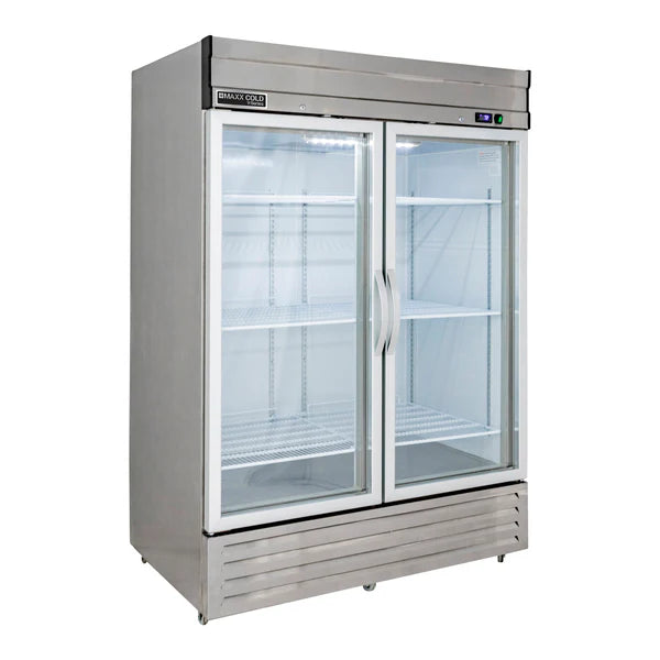 Refrigerador Maxx Cold V-Series con 2 puertas de vidrio, montaje inferior, en acero inoxidable