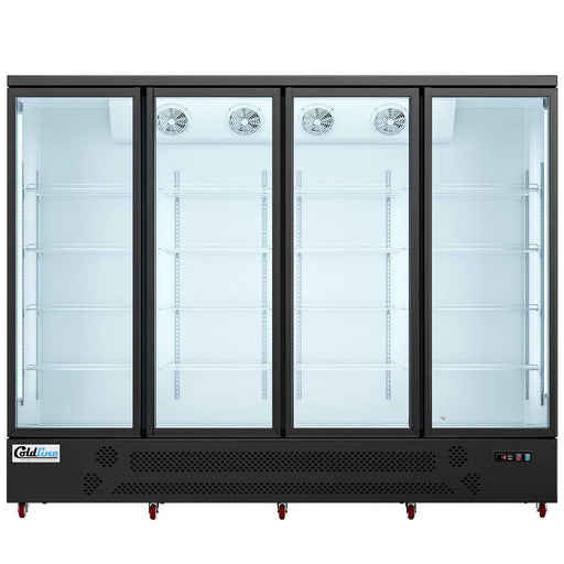Coldline G4-B Four Glass Door Merchandiser Refrigerator with LED Lighting, Black, 98" - Top Restaurant Supplies