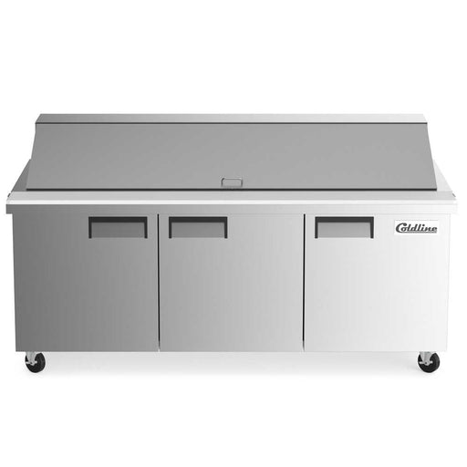 Coldline SMP72  Mega Top Refrigerated Sandwich Prep Table with Cutting Board and Food Pans - 70.4”W x 34”D x 45.9”H - Top Restaurant Supplies - Sandwich Prep Refrigerator - Coldline