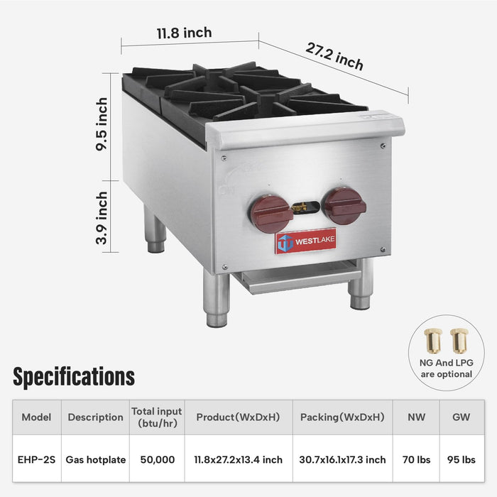 Commercial Hot Plate, WESTLAKE 12" Countertop Gas Range Restaurant 2 Burner Gas Stove with 50,000 BTU