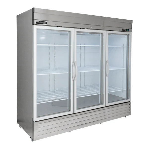 Refrigerador Maxx Cold V-Series de 3 puertas de vidrio, con montaje inferior, en acero inoxidable