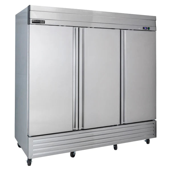 Refrigerador Maxx Cold Serie V de 3 puertas sólidas, con montaje inferior, en acero inoxidable