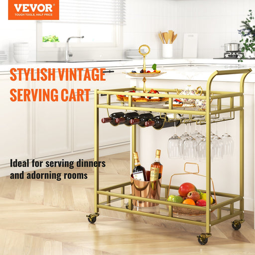 VEVOR 2 Tiers Gold Metal Bar Serving Cart with Wine Rack Glass Holder 120 LBS - Top Restaurant Supplies -  - Doba