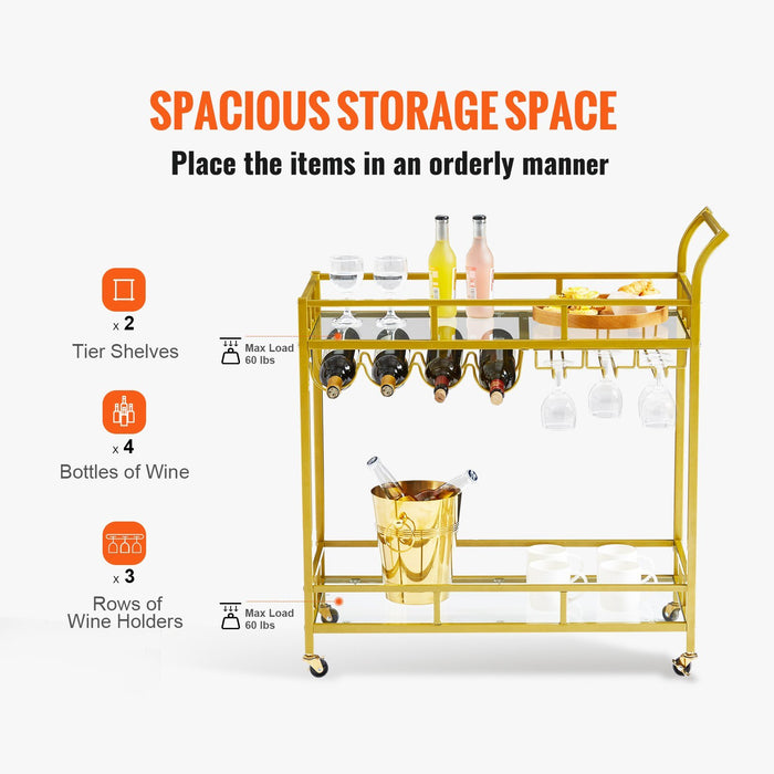 VEVOR 2 Tiers Gold Metal Bar Serving Cart with Wine Rack Glass Holder 120 LBS - Top Restaurant Supplies -  - Doba