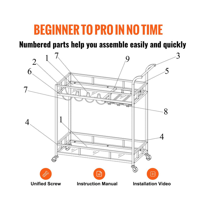 VEVOR 2 Tiers Gold Metal Bar Serving Cart with Wine Rack Glass Holder 120 LBS - Top Restaurant Supplies -  - Doba