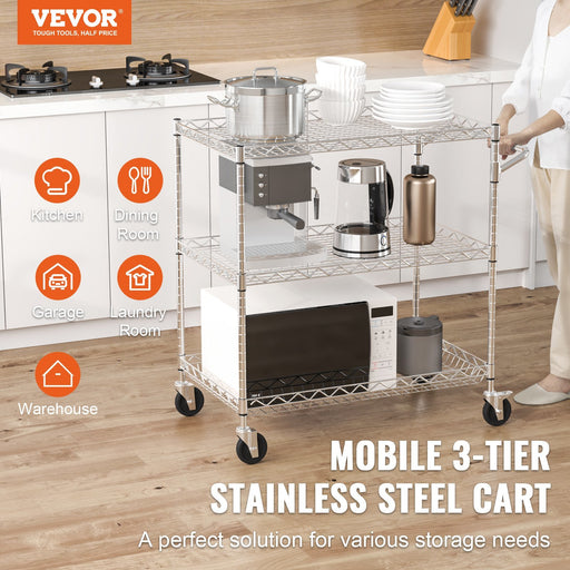 VEVOR 3-Tier Utility Cart Rolling Cart on Wheels 30"x18"x32.4" 661 LBS 6 Hooks - Top Restaurant Supplies -  - Doba