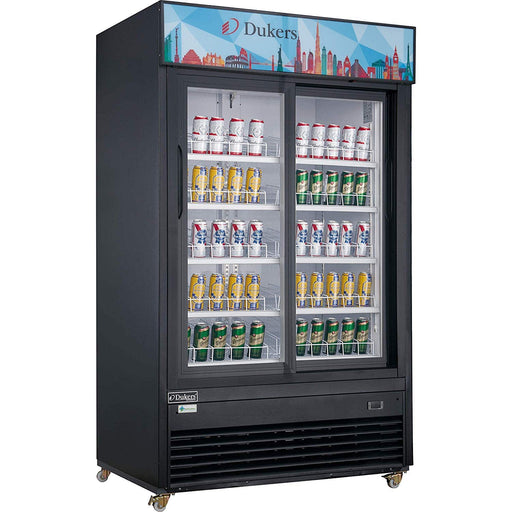 Dukers DSM-47SR Commercial Glass Sliding 2-Door Merchandiser Refrigerator in Black, 54.125" Wide - Top Restaurant Supplies