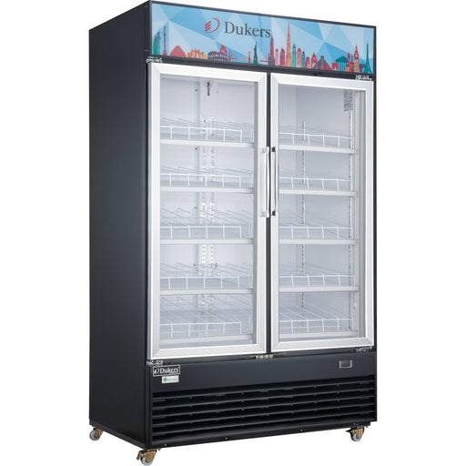 Dukers DSM-48R Commercial Glass Swing 2-Door Merchandiser Refrigerator in Black, 54.125" Wide - Top Restaurant Supplies