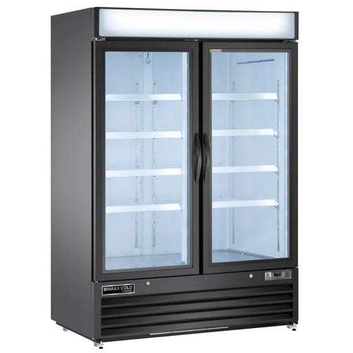 Maxx Cold MVMF48B V-Series Double Glass Door Ice Merchandiser Freezer, 54"W, 48 cu. ft. Capacity, in Black (MVMF48B) - Top Restaurant Supplies - Glass Door Merchandising Freezer - Maxx Cold