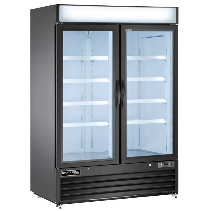 Maxx Cold MVMF48B V-Series Double Glass Door Ice Merchandiser Freezer, 54"W, 48 cu. ft. Capacity, in Black (MVMF48B) - Top Restaurant Supplies - Glass Door Merchandising Freezer - Maxx Cold