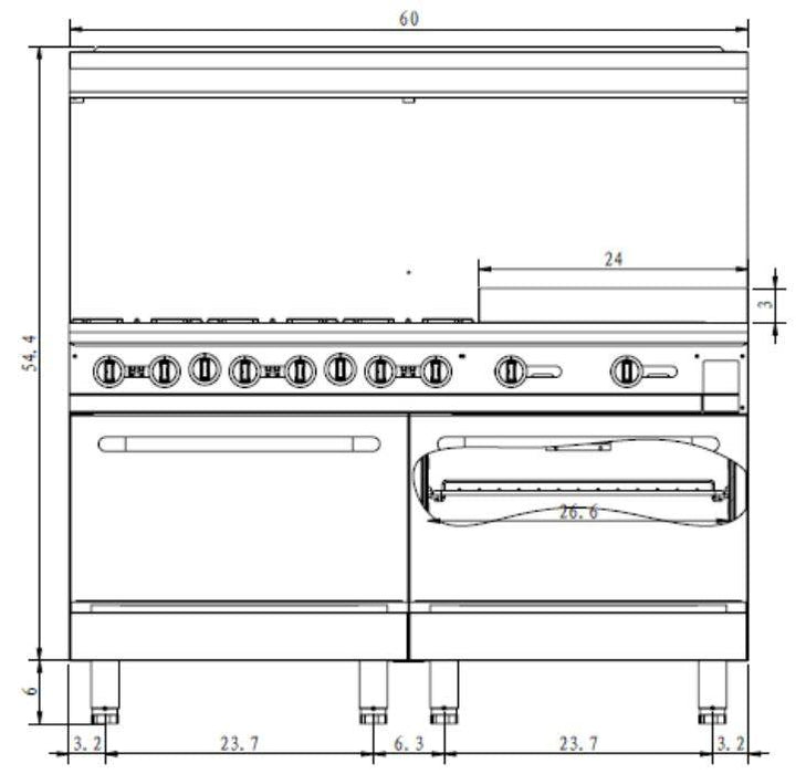 SABA GR60-24 60" 6 Open Burner Gas Range with 24" Gas Griddle & Bottom Oven 282,000 BTU - Top Restaurant Supplies