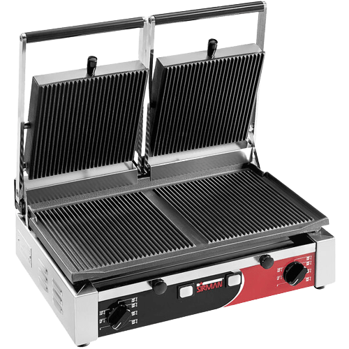 Sirman 34A3331105SI PD R 10"x20" Double Panini Grill Grooved Top and Grooved Bottom with Timer 220V - Top Restaurant Supplies