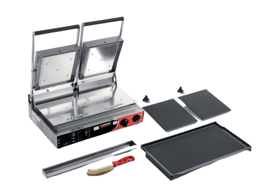 Sirman 34A3335105SI PD R PS 10"x20" Double Panini Grill Removable Plates Grooved Top and Grooved Bottom with Timer 220V - Top Restaurant Supplies