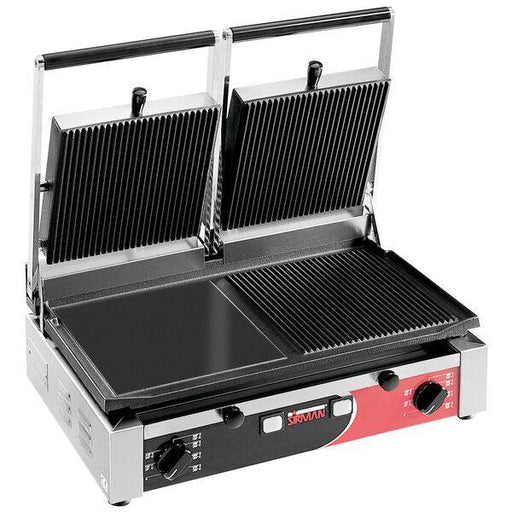 Sirman 34A3631105SI PD M 10"x20" Double Panini Grill Grooved Top, Half Flat and Half Grooved Bottom, with Timer 220V - Top Restaurant Supplies