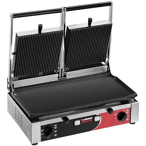 Sirman 34A3661105SI PD L 10"x20" Double Panini Grill Grooved Top and Flat Bottom with Timer 220V - Top Restaurant Supplies