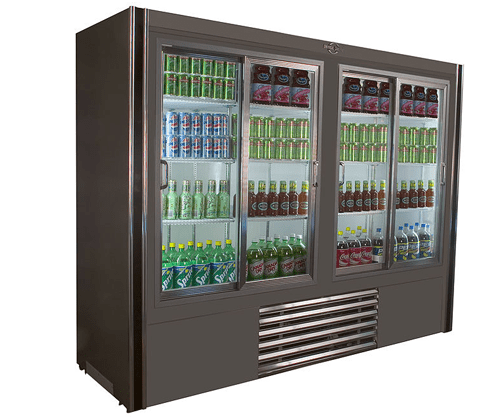 Universal Coolers RW-96-SC 96" Four Sliding Door Merchandiser Refrigerator with 12 Shelves, Self Contained - Top Restaurant Supplies