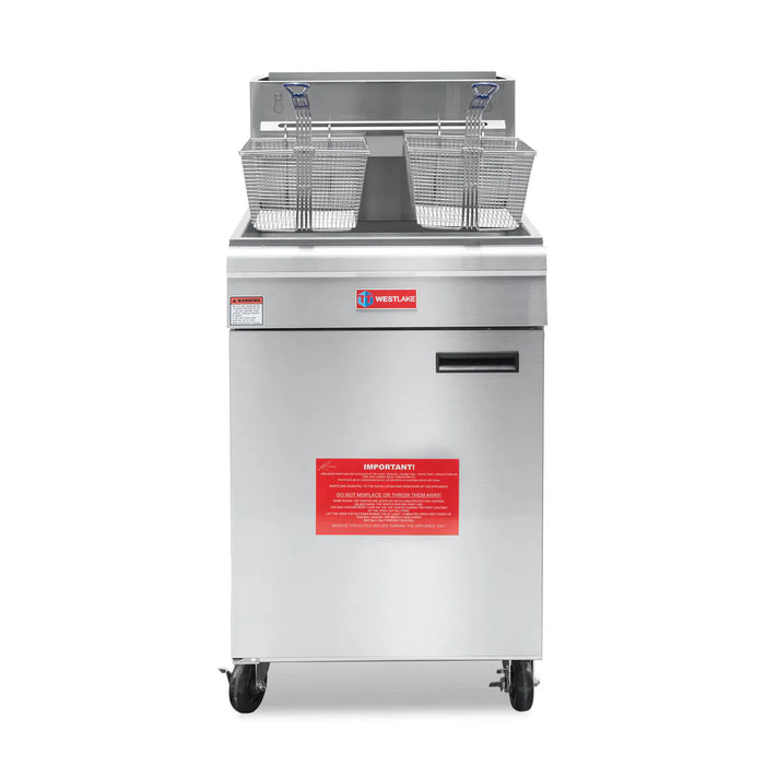 WESTLAKE GF120 Commercial Deep Fryer, 50 lb. Capacity Stainless Steel Commercial Gas Floor Fryer with Casters - 120,000 BTU- TOPRESTAURANTSUPPLIES.COM