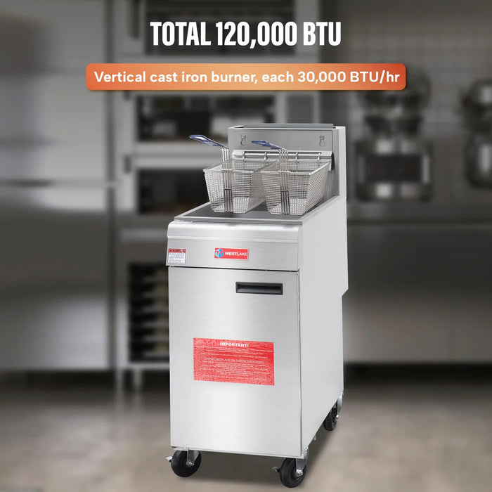 WESTLAKE GF120 Commercial Deep Fryer, 50 lb. Capacity Stainless Steel Commercial Gas Floor Fryer with Casters - 120,000 BTU- TOPRESTAURANTSUPPLIES.COM