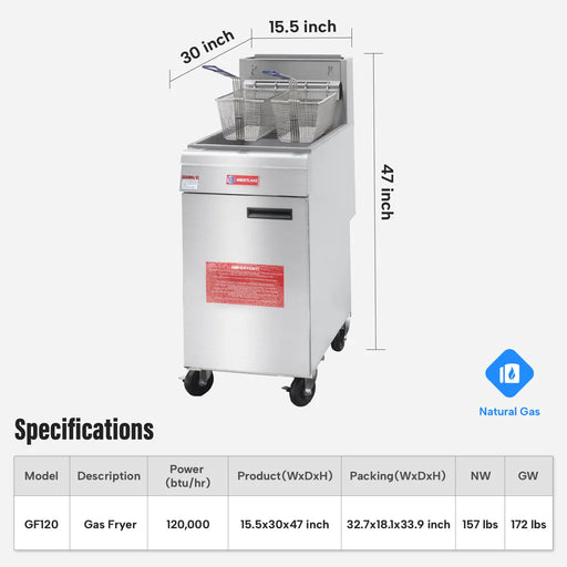 WESTLAKE GF120 Commercial Deep Fryer, 50 lb. Capacity Stainless Steel Commercial Gas Floor Fryer with Casters - 120,000 BTU- TOPRESTAURANTSUPPLIES.COM