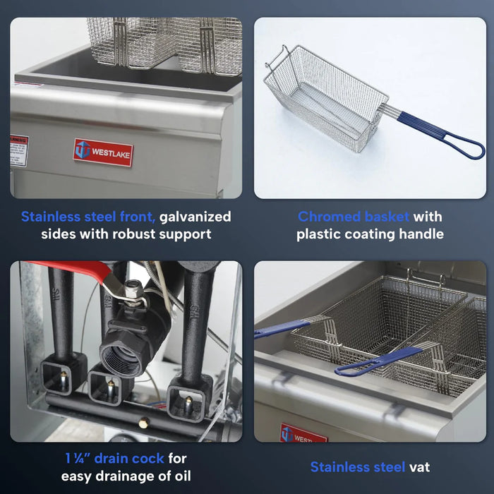 WESTLAKE GF120 Commercial Deep Fryer, 50 lb. Capacity Stainless Steel Commercial Gas Floor Fryer with Casters - 120,000 BTU- TOPRESTAURANTSUPPLIES.COM