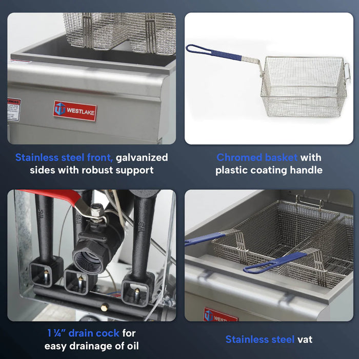 WESTLAKE GF150 Commercial Deep Fryer, 70 lb. Capacity Stainless Steel Commercial Gas Floor Fryer with Casters - 150,000 BTU - toprestaurantsupplies.com