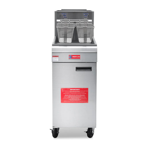 WESTLAKE GF90 Commercial Deep Fryer, 40 lb. Capacity Stainless Steel Commercial Gas Floor Fryer with Casters - 90,000 BTU - TOPRESTAURANTSUPPLIES.COM