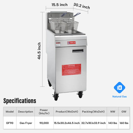WESTLAKE GF90 Commercial Deep Fryer, 40 lb. Capacity Stainless Steel Commercial Gas Floor Fryer with Casters - 90,000 BTU - TOPRESTAURANTSUPPLIES.COM