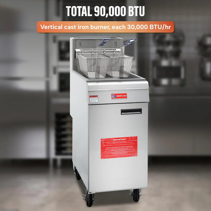 WESTLAKE GF90 Commercial Deep Fryer, 40 lb. Capacity Stainless Steel Commercial Gas Floor Fryer with Casters - 90,000 BTU - TOPRESTAURANTSUPPLIES.COM