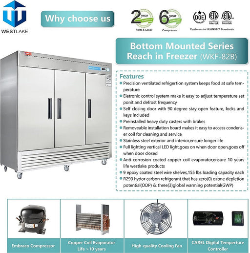 Westlake Commercial Reach in Freezer, 3 door 72 Cu.ft Stainless Steel Commercial Upright Freezer 81.5x30.7x81.9 inch - toprestaurantsupplies.com