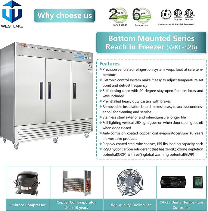 Westlake Commercial Reach in Freezer, 3 door 72 Cu.ft Stainless Steel Commercial Upright Freezer 81.5x30.7x81.9 inch - toprestaurantsupplies.com