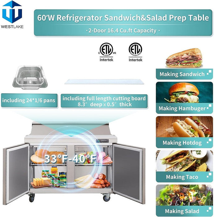 WESTLAKE Commercial Mega Top Prep Table 60" 2-Door 16.4 Cu.ft Stainless Steel | WKSR-60BM