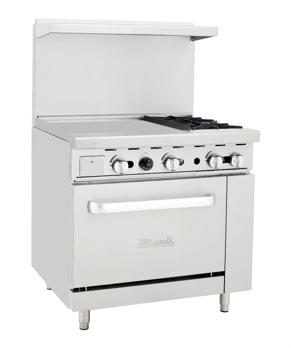 Migali 2 Burner Range, 24" Griddle Left Side, (1) Oven, Liquid Propane, C-RO2-24GL-LP - Top Restaurant Supplies