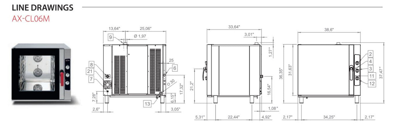 Axis AX-CL06M Full Size Combi Oven Manual Controls - Reversing Fans - 6 Shelves - Top Restaurant Supplies